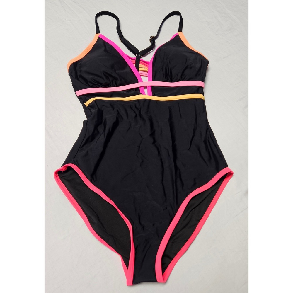 Popvil One Piece Swimsuit Womens Size M Black Neon Pink Orange StrappyBack CKT25